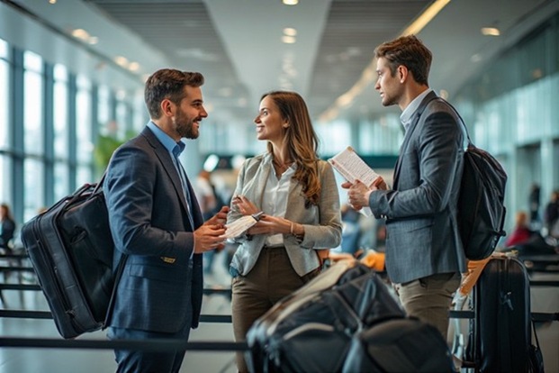 A group of people discussing trip plans inside an airport