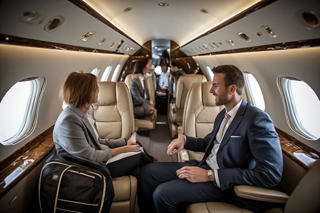 Business professionals having a meeting inside a luxurious private jet cabin