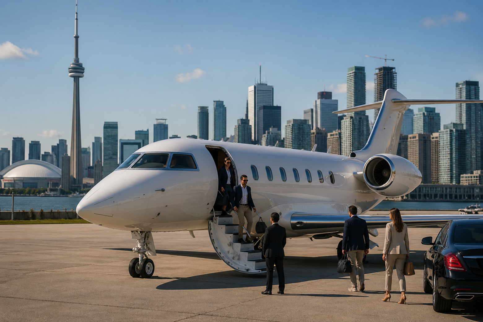 Private jet with travellers on tarmac in Toronto, Ontario, Canada