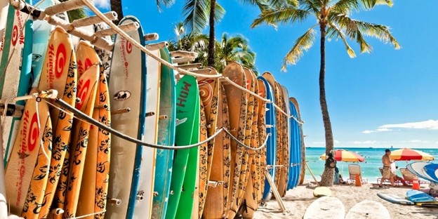 Row of colorful surfboards on a sandy Hawaiian beach