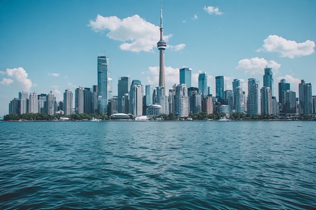 Toronto city skyline and waterfront featuring the CN Tower in the background