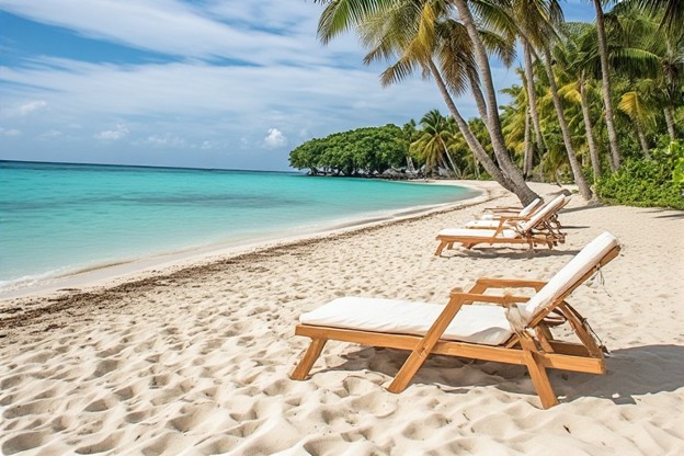 Tropical resort beach with turquoise water and lounge chairs