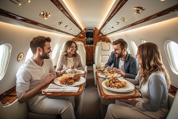 Vacationers sitting in a private jet enjoying a meal