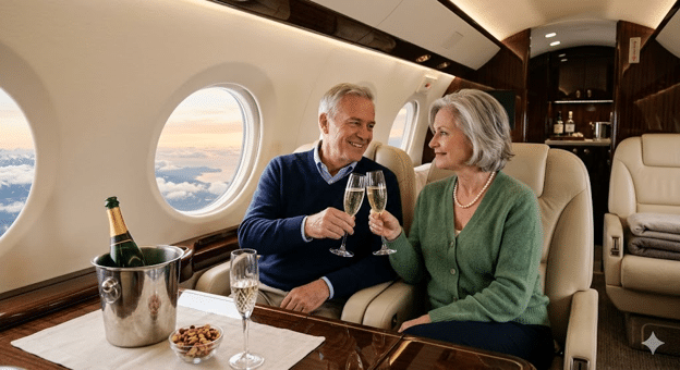 A smiling senior couple toasting with champagne glasses inside a luxurious private jet cabin.
