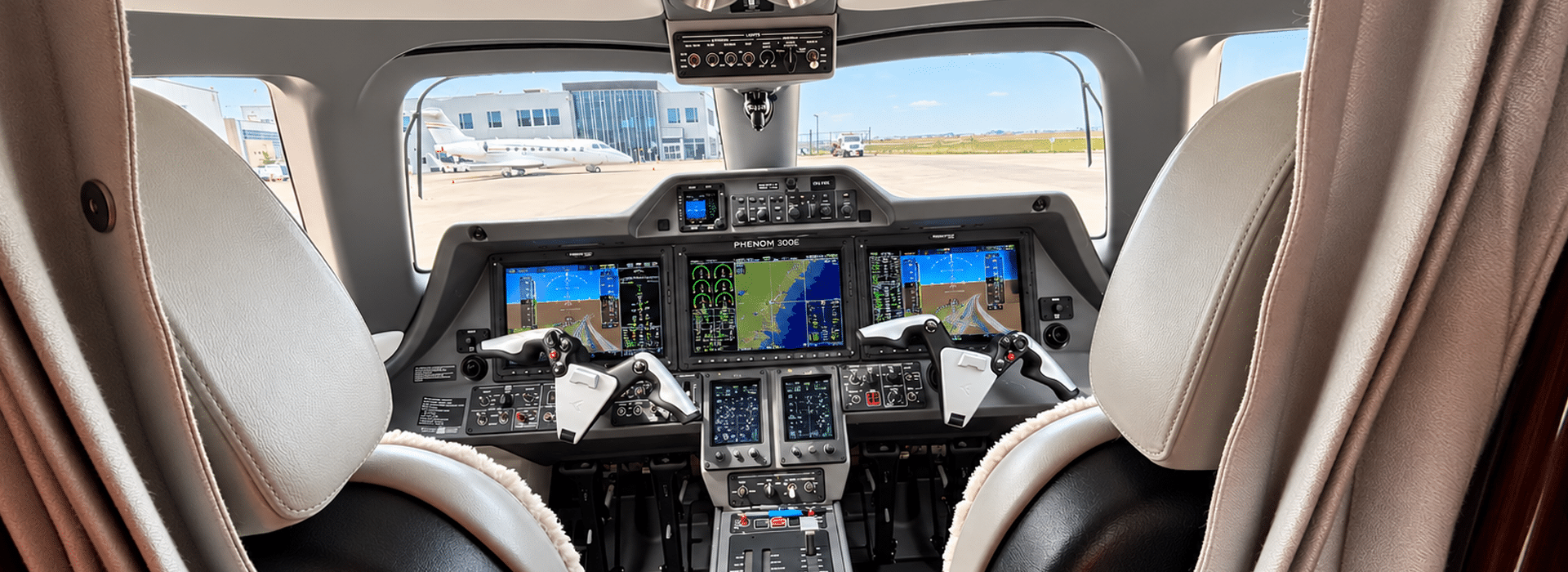 The cockpit of a Phenom 300E at the Toronto Pearson International Airport.