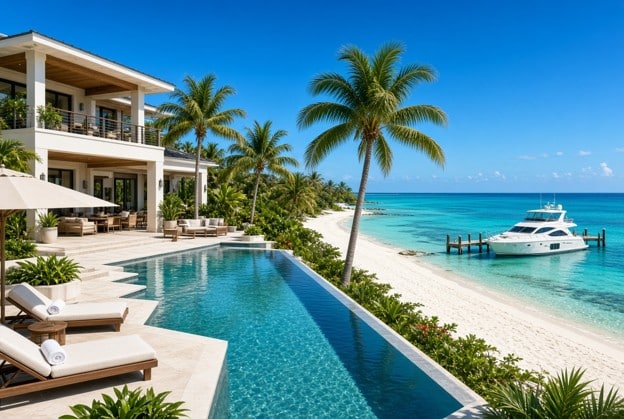 Luxury Grand Cayman beachfront villa with private pool and yacht access.